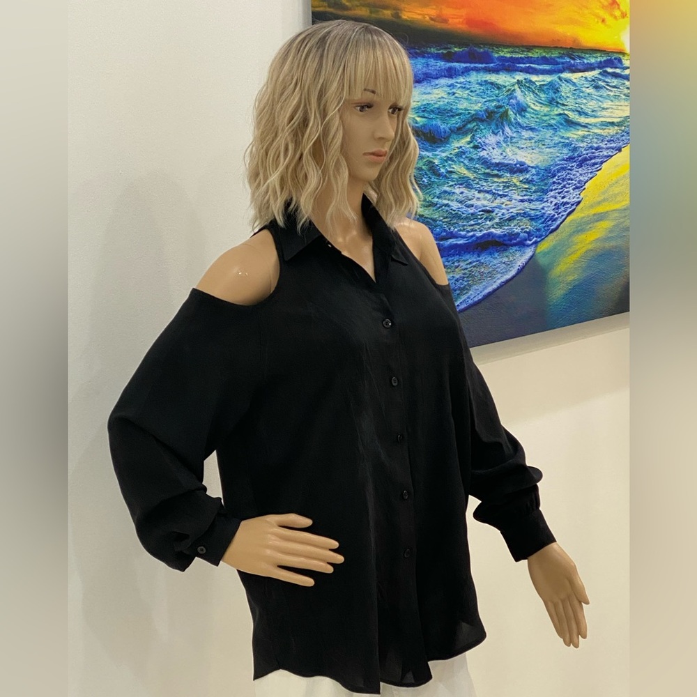 Cute Black Cold Shoulder Button Down, Size S - image 3